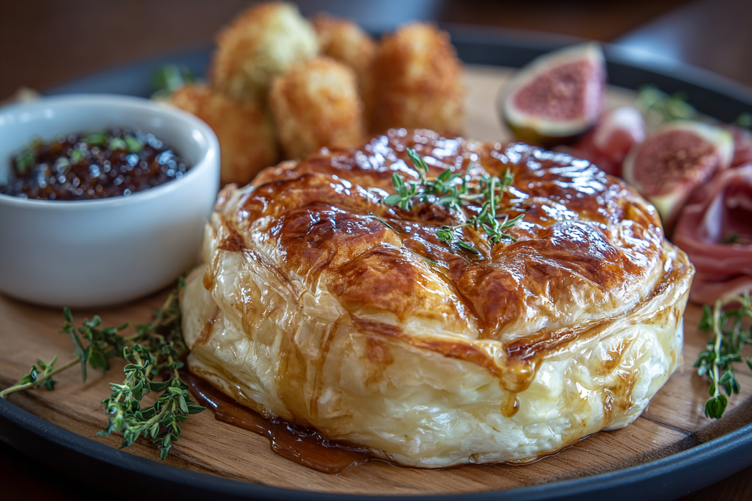 Baked Brie in Puffed Pastry with Honey, Fig, and Prosciutto – Easy Savory Treat Baked Brie in Puffed Pastry with Honey, Fig, and Prosciutto – Easy Savory Treat